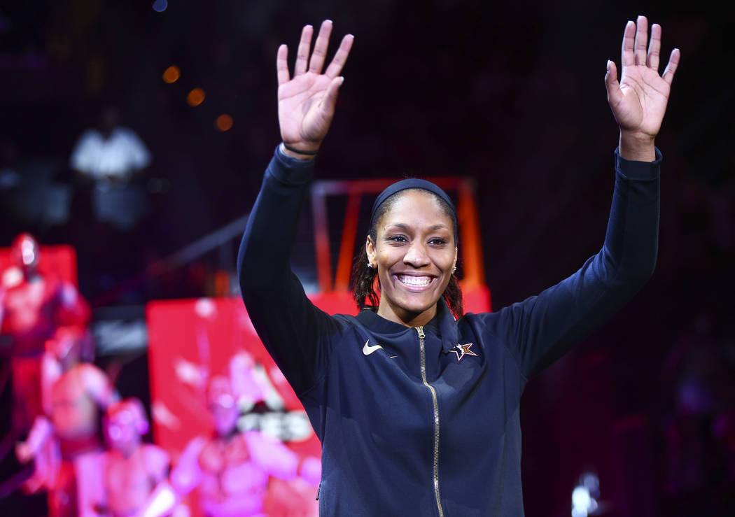 Las Vegas Aces' A'ja Wilson is introduced before the start of the WNBA All-Star Game at the Man ...