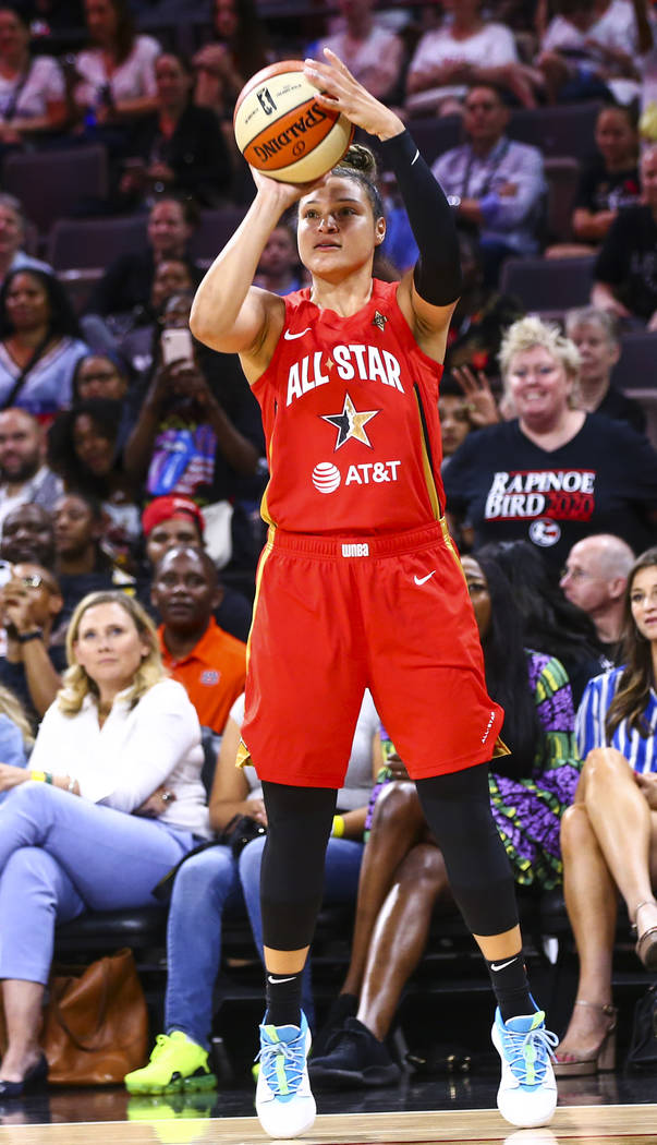 Las Vegas Aces' Kayla McBride shoots during the second half of the WNBA All-Star Game at the Ma ...