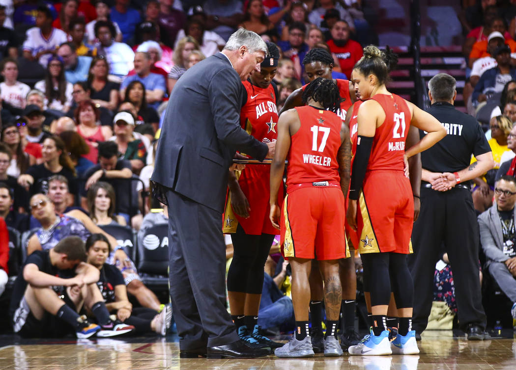 Coach Bill Laimbeer talks with his team during the second half of the WNBA All-Star Game at the ...