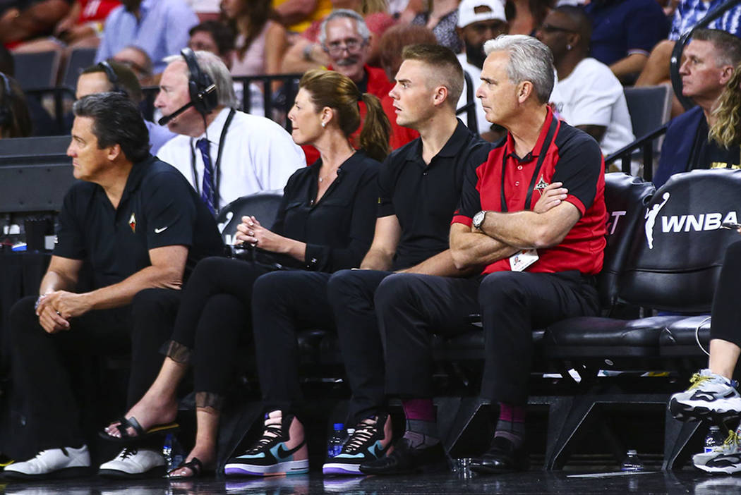 Mandalay Bay President Chuck Bowling (red shirt) watches the second half of the WNBA All-Star G ...