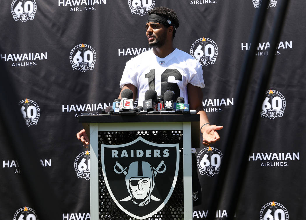 Oakland Raiders wide receiver Tyrell Williams (16) speaks to media during the NFL team's traini ...