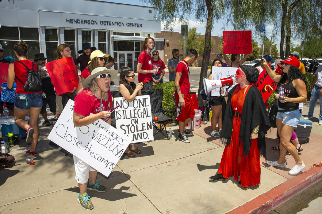 Chants are yelled as Red Rage Protest for Kids in Cages supported by Haven Craft conducts an an ...