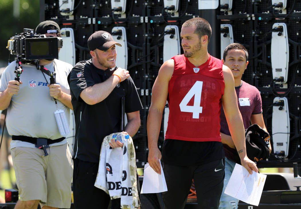 Oakland Raiders quarterback Derek Carr (4) walks with public relations coordinator Evert Geerli ...