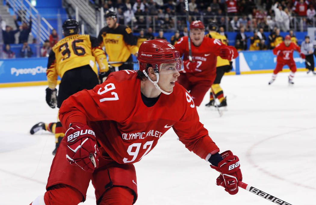 Russian athlete Nikita Gusev (97) reacts after scoring a goal during the third period of the me ...