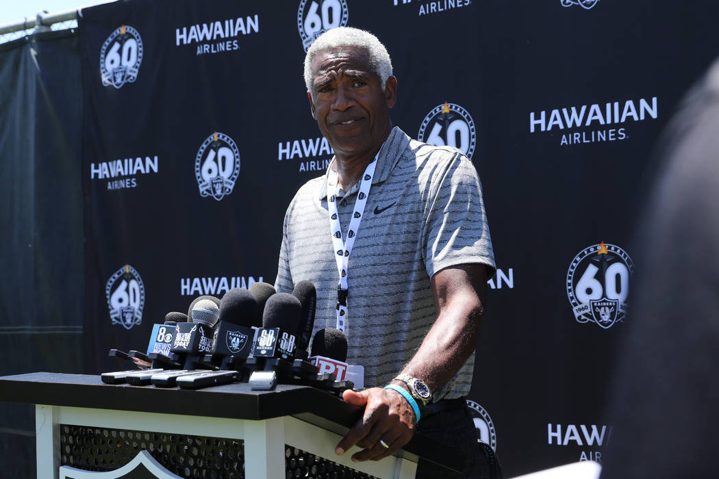 Former Raiders cornerback Mike Haynes meets with media during the NFL team's training camp in N ...