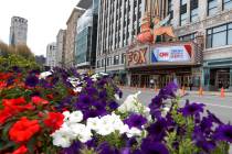 The Fox Theatre displays signs for the Democratic presidential debates in Detroit, Monday, July ...