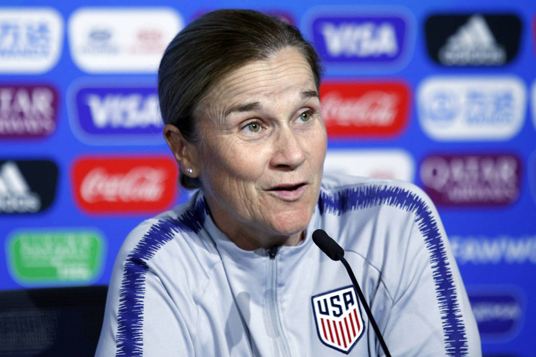 United States coach Jill Ellis attends a news conference at the Stade de Lyon, outside Lyon, Fr ...