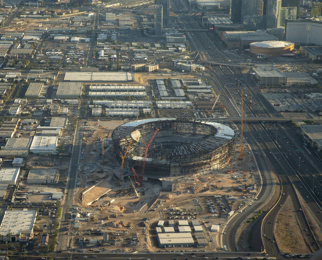 An aerial view of the Las Vegas Stadium, future home of UNLV football and the NFL's Raiders, in ...