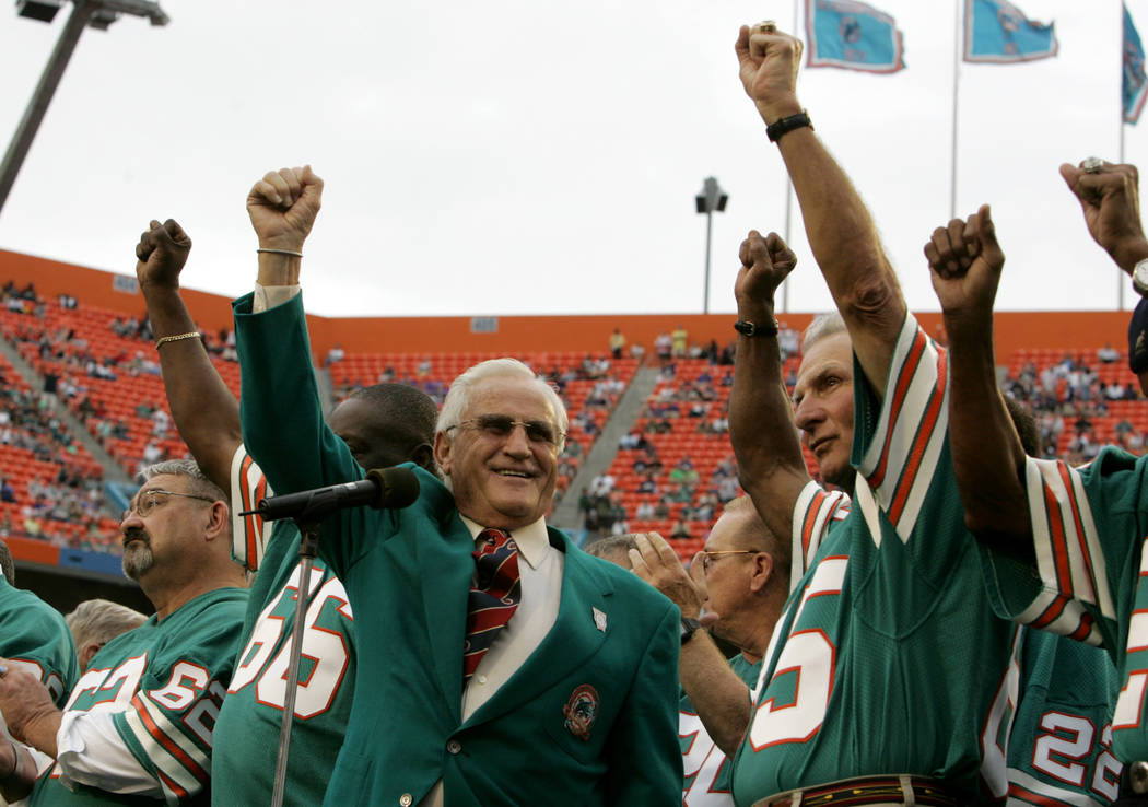 FILE - In this Dec. 16, 2007 file photo, former Miami Dolphins coach Don Shula, left, and playe ...