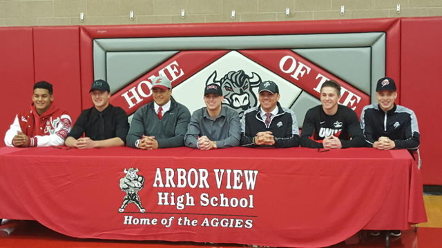 Arbor View football players, from left, Charles McMullen, Devin Short, Keenen King, Noah Noc ...