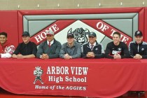 Arbor View football players, from left, Charles McMullen, Devin Short, Keenen King, Noah Noc ...