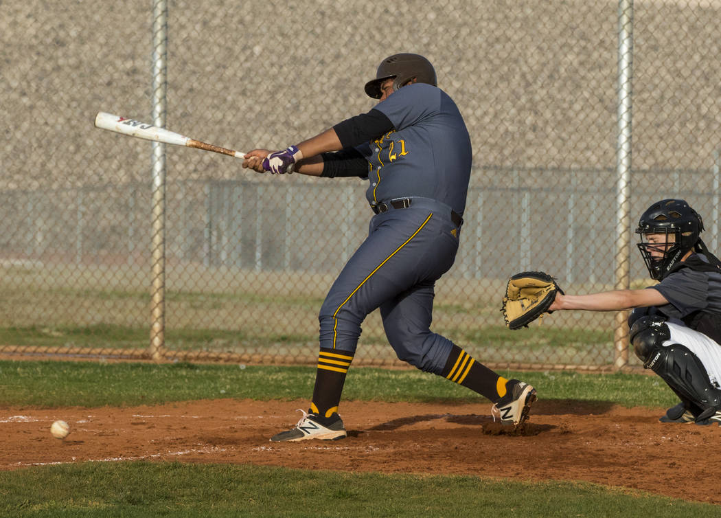 Bonanza first baseman Sebastian Rosales-Hernandez (21) hits a double in the fourth inning du ...