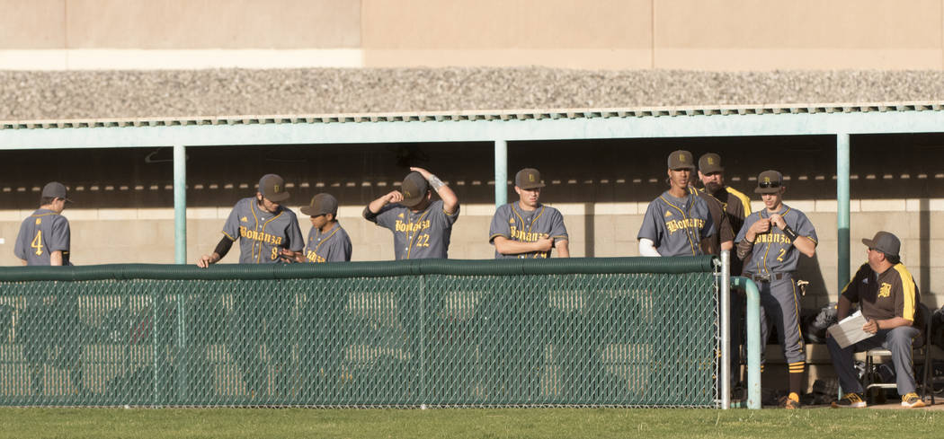 The Bonanza High School baseball team waits in the dugout during a baseball game against Sil ...