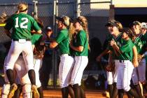 The Palo Verde softball team celebrates their win after a game against Shadow Ridge High Sch ...