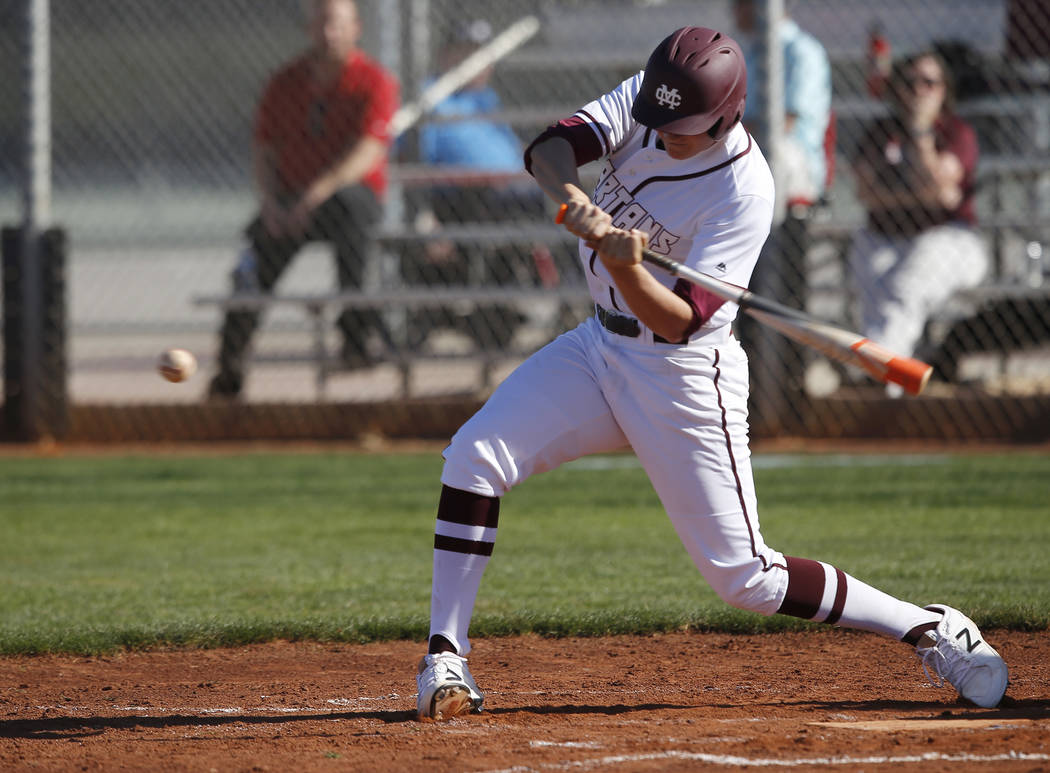 Cimarron-Memorial’s Noah Parker (19) swings during a high school baseball game against ...