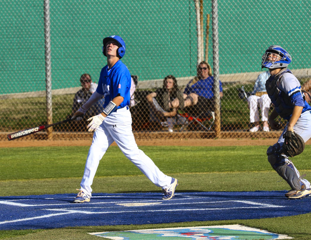 Green Valley infielder Garett Nelson (4) hits a foul ball during a baseball game against Bas ...