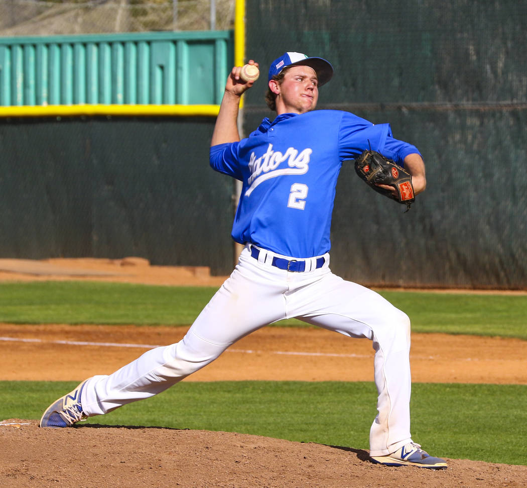 Green Valley pitcher Matt Gilbertson (2) throws during a baseball game against Basic High Sc ...