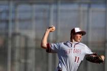 Desert Oasis’s Brett Brocoff (11) pitches during the third inning of a high school bas ...