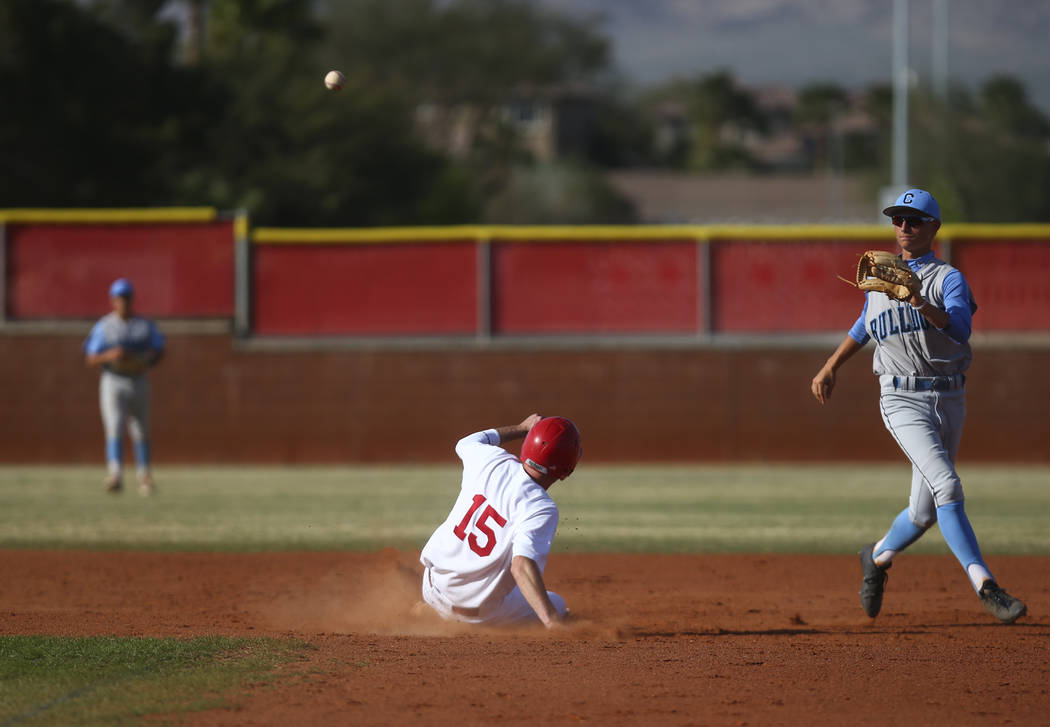 Arbor View’s Jacob Hamilton (15) slides into second base against Centennial’s Br ...