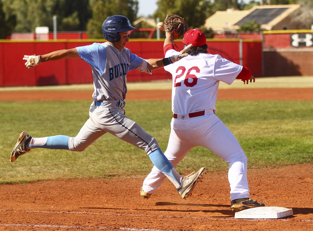 Centennial’s Zachary Hare (5) is tagged out by Arbor View’s John Edwards (26) at ...