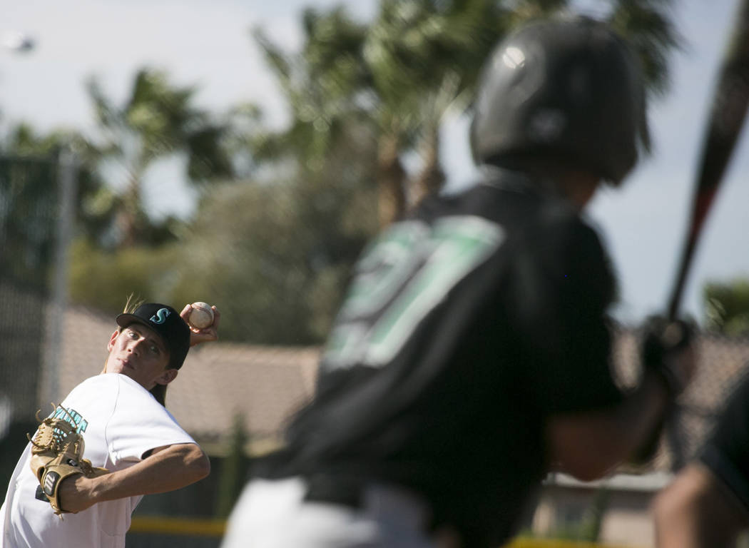 Silverado senior Kevin Pindel (28) pitches to Rancho at Silverado High School on Tuesday, Ma ...