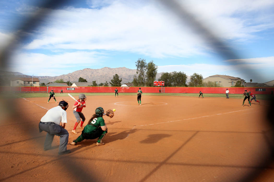 Catcher for Palo Verde Grace Chavez (25) catches the ball during a game against Arbor View ...