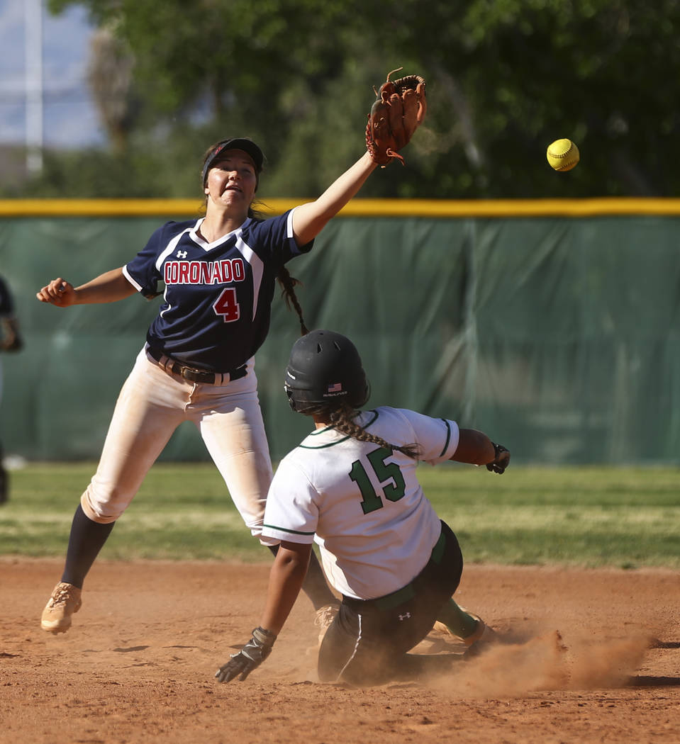 Rancho’s Yvette Sanchez (15) makes it to second base as Coronado’s Dylan Underwo ...