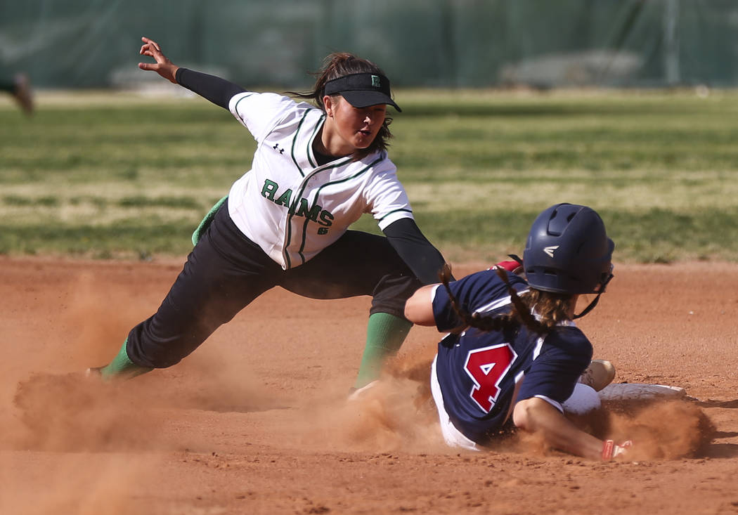 Rancho’s Lili Gutierrez (6) tags out Coronado’s Dylan Underwood (4) at second ba ...