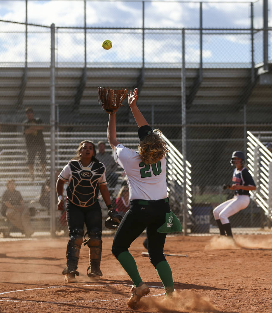 Rancho’s MacKenzie Perry (20) catches a foul ball hit by Coronado’s Sophia McCan ...