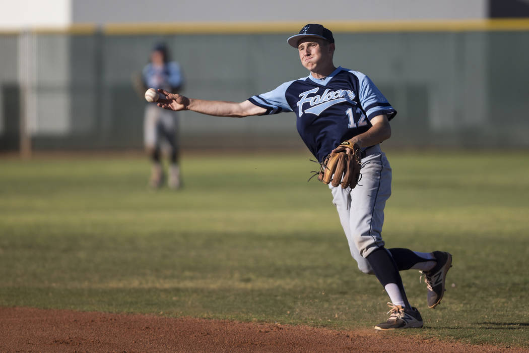 Foothill’s Chase Parenteau (12) throws to first base for an out against Coronado in t ...