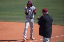 Desert Oasis Andrew Martinez (2) reacts after reaching first base against Bishop Gorman at B ...