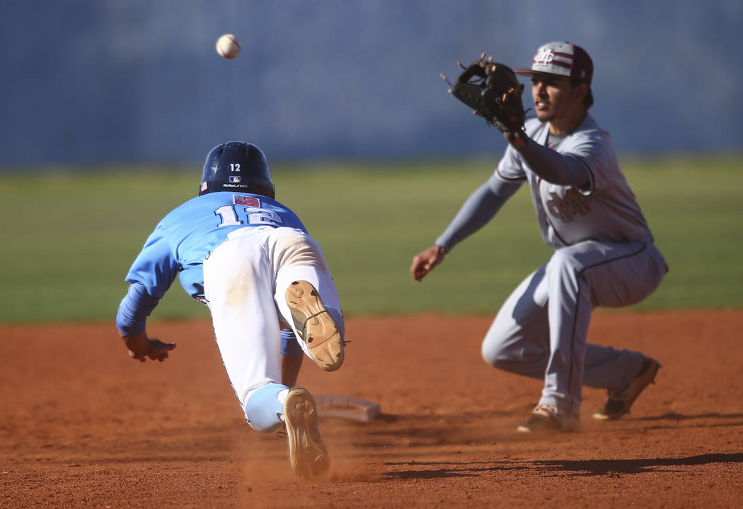 Centennial’s Gino Sabey (12) gets tagged out by Cimarron-Memorial’s Daniel Valdi ...
