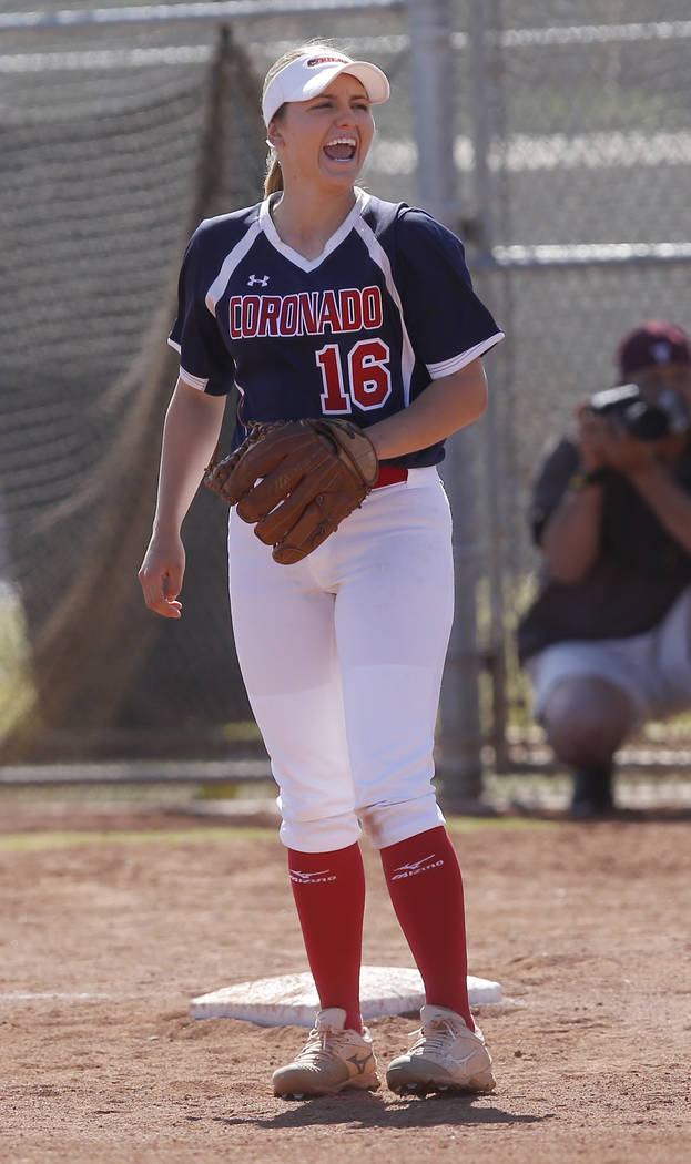 Coronado’s Sophia McCann (16) reacts during the second inning of a high school softbal ...