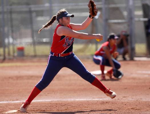 Liberty’s Breanna Alvarez (5) pitches during the second inning of a high school softba ...