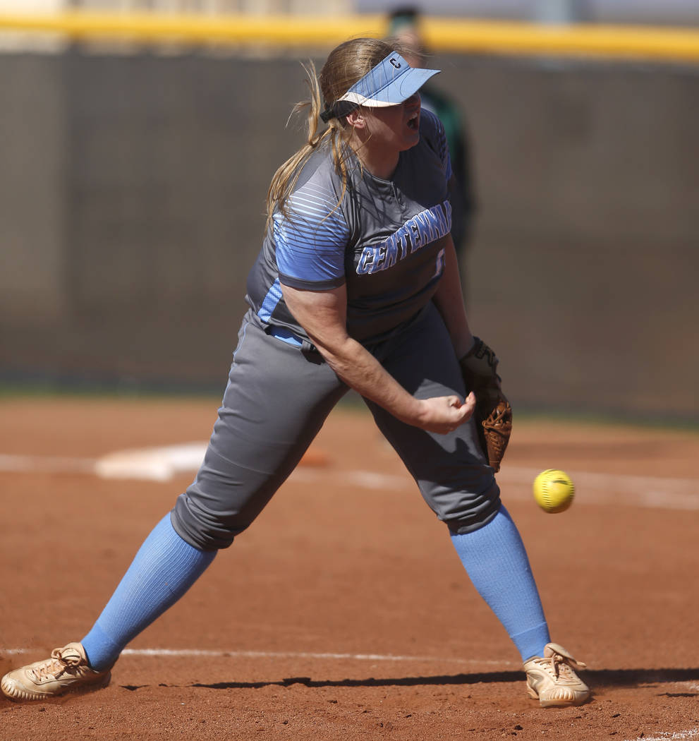 Centennial’s Amanda Sink (13) pitches during the first inning of a high school softbal ...