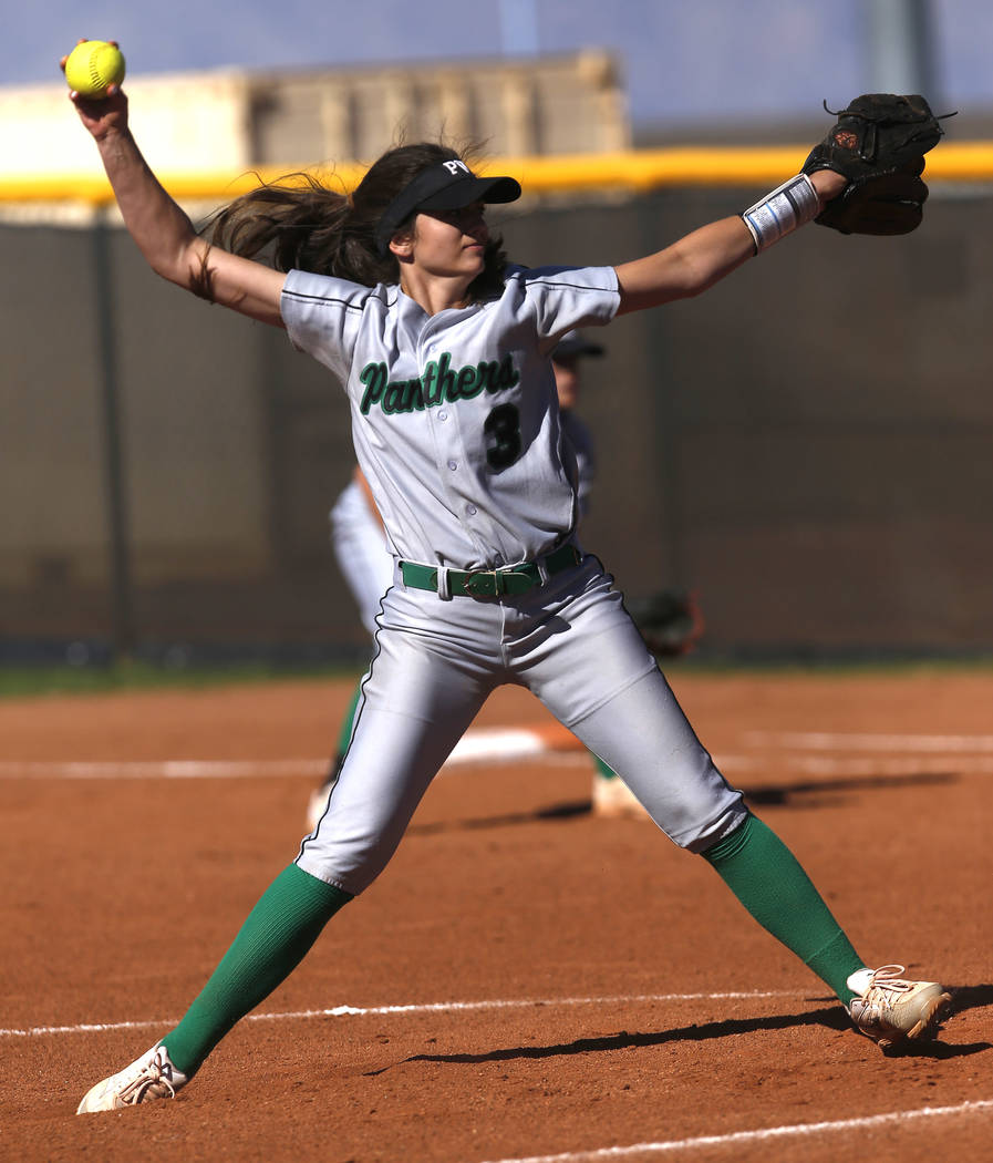 Palo Verde’s Taylor Askland (3) pitches during the third inning of a high school softb ...