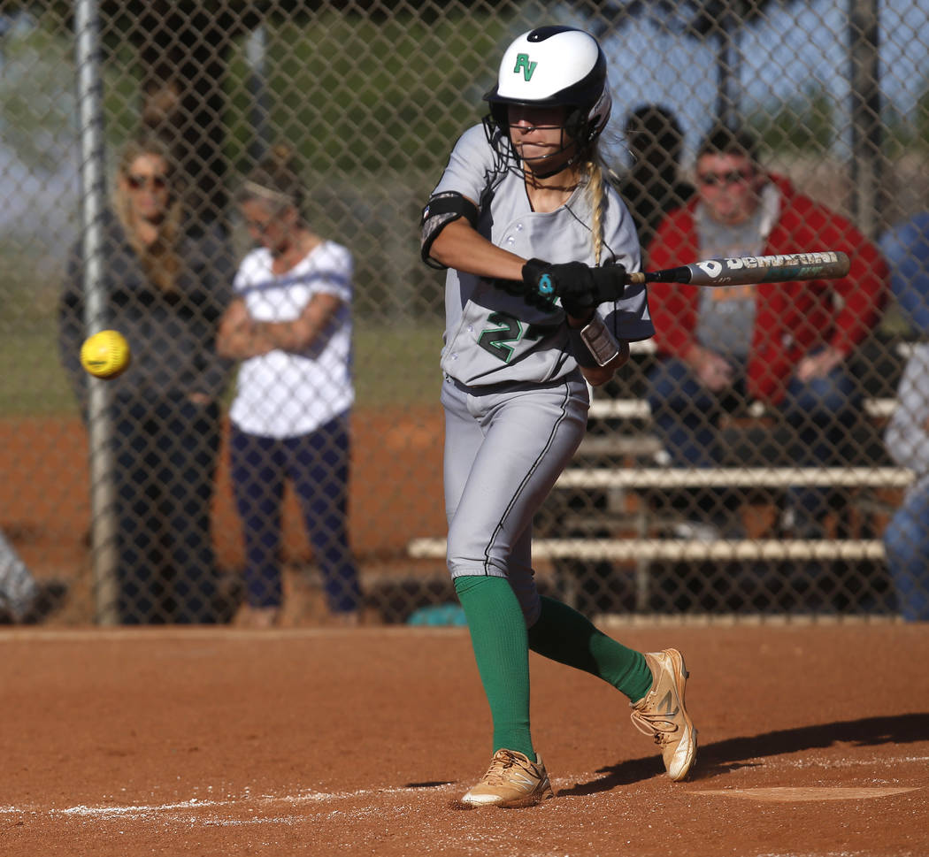 Palo Verde’s Camden Zahn (27) swings during the fifth inning of a high school softball ...