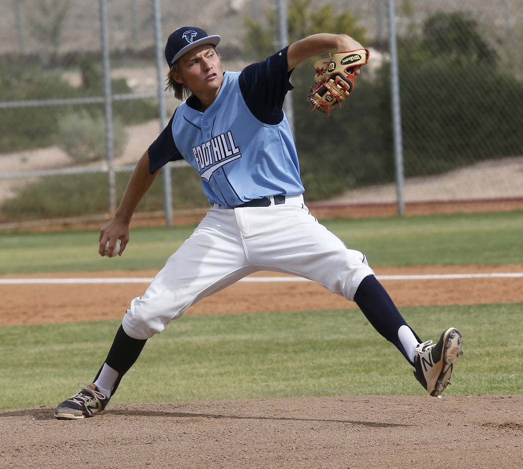 Foothill’s Kelton Lachelt (34) pitches during the first inning of a high school baseba ...