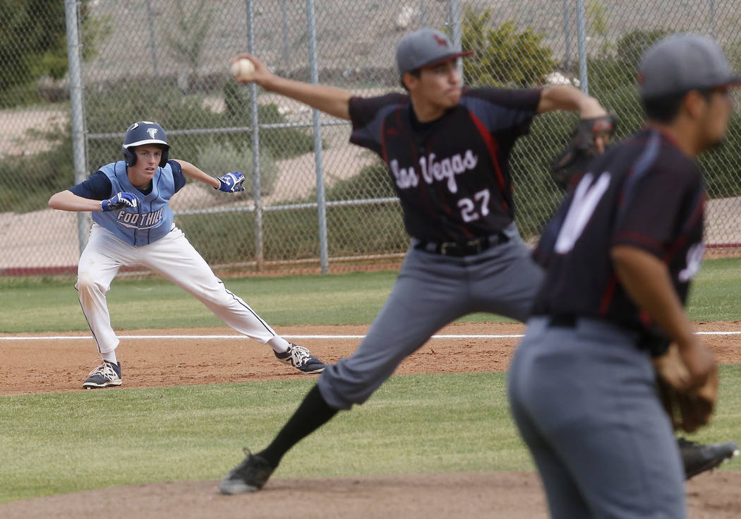 Foothill’s Gage Streit (35) leads off first base as Las Vegas’s Diego Delgado (2 ...