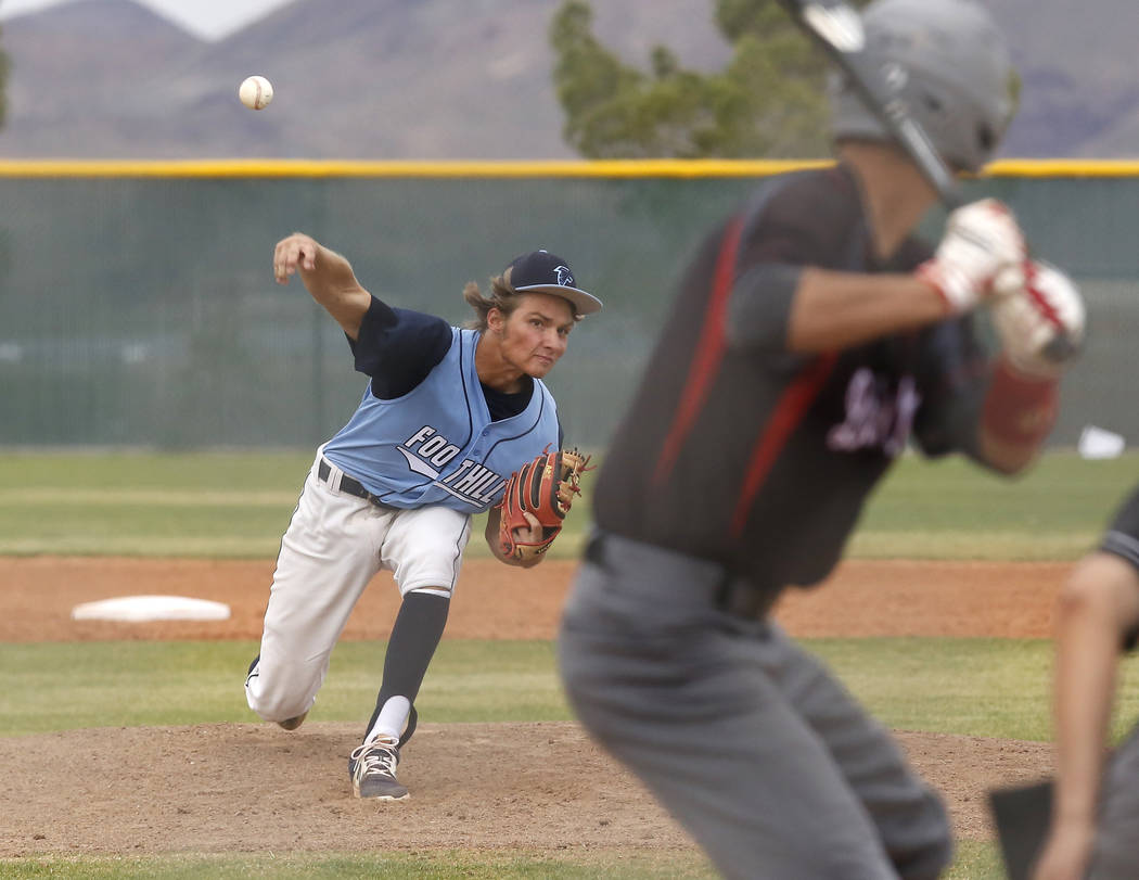 Foothill’s Kelton Lachelt (34) pitches during the fourth inning of a high school baseb ...