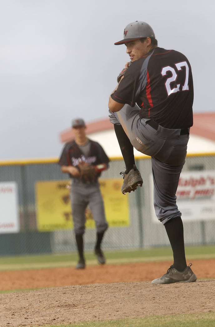 Las Vegas’s Diego Delgado (27) pitches during the fourth inning of a high school baseb ...