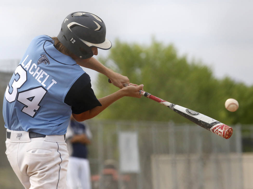 Foothill’s Kelton Lachelt (34) swings during during the fifth inning of a high school ...