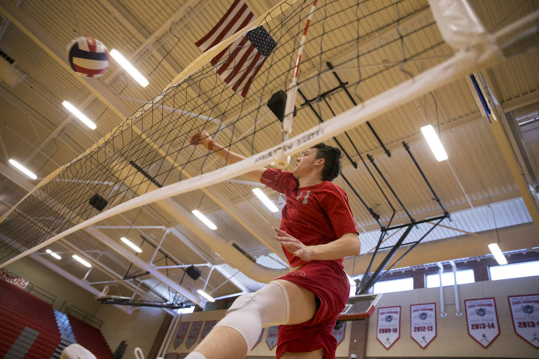 Arbor View’s Treven Clizbe (11) during a volleyball team practice at Arbor View High S ...