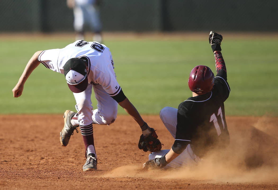 Desert Oasis’ Brett Brocoff (11) slides safely into second base against Jordan’s ...