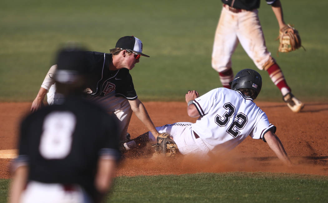Desert Oasis’ Cole Schaefer (10) tags out Jordan’s Jacob Shaver (32) at second b ...