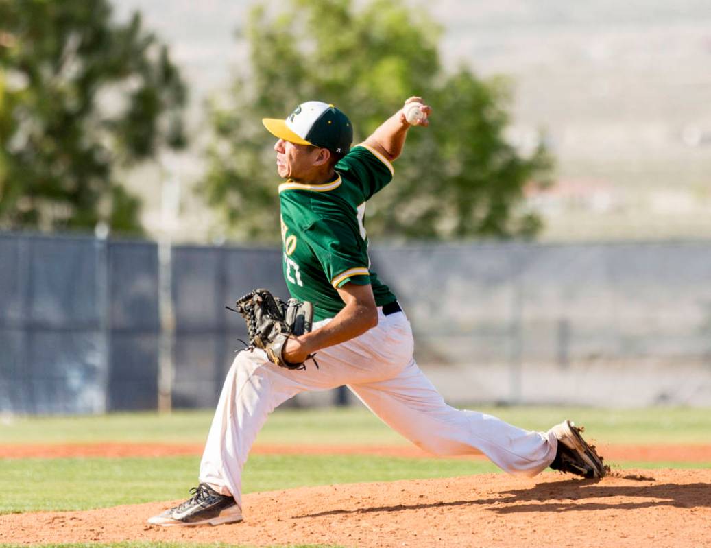 Rancho’s Anthony Guzman (27) pitches against San Pedro (Calif.) at Shadow Ridge High S ...