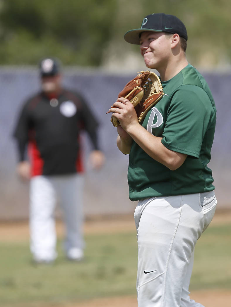 Palo Verde’s Tanner Lewis (3) reacts after hitting a Banning player with a pitch durin ...