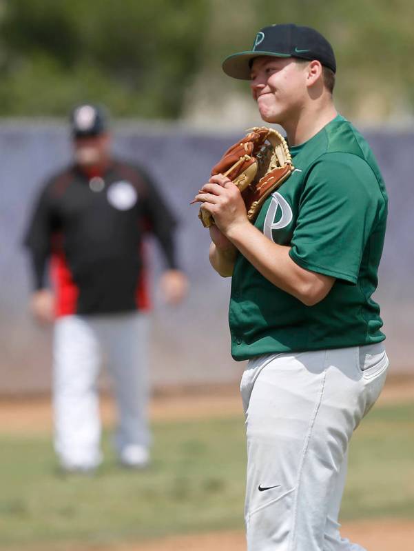 Palo Verde’s Tanner Lewis (3) reacts after hitting a Banning player with a pitch durin ...