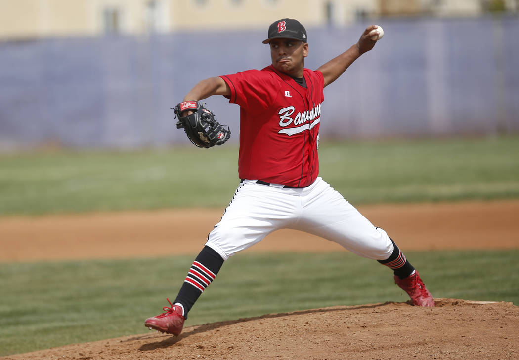 Banning’s Gabriel Ruiz (20) pitches during the first inning of a high school baseball ...