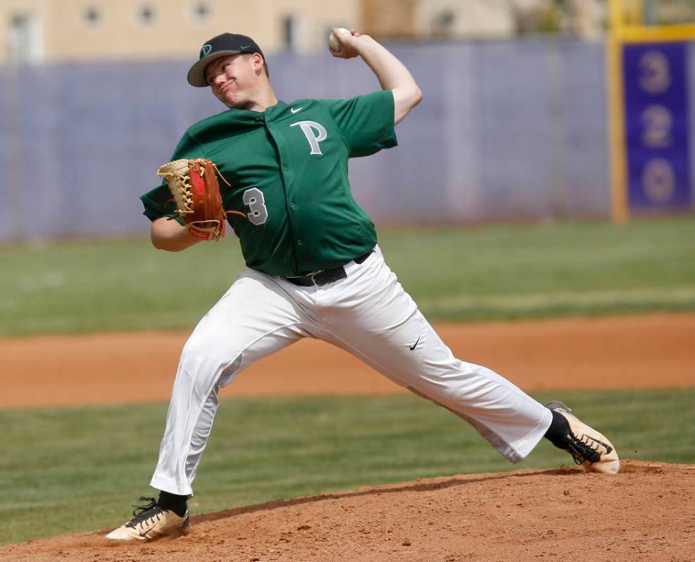 Palo Verde’s Tanner Lewis (3) pitches during the first inning of a high school basebal ...